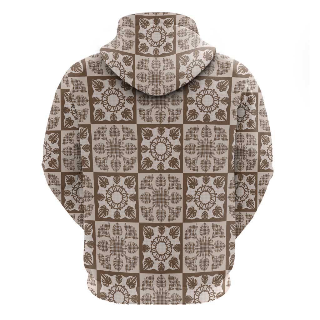 Beige Palaka Quilt Hawaii Zip Hoodie Hawaiian Tropical Monstera Sea Turtle