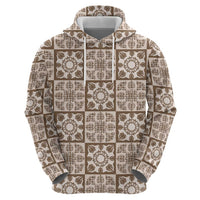 Beige Palaka Quilt Hawaii Zip Hoodie Hawaiian Tropical Monstera Sea Turtle