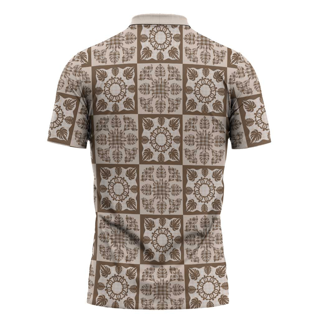 Beige Palaka Quilt Hawaii Zipper Polo Shirt Hawaiian Tropical Monstera Sea Turtle