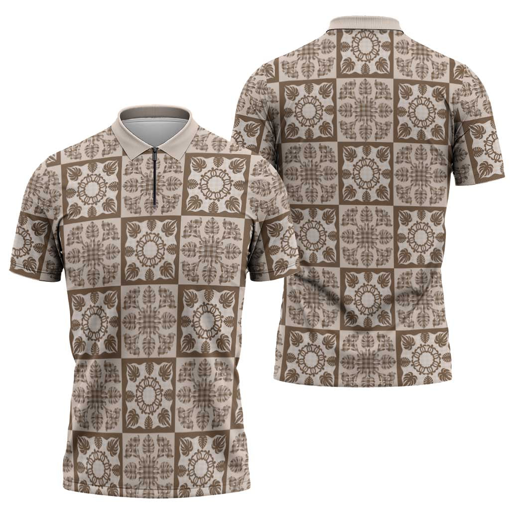 Beige Palaka Quilt Hawaii Zipper Polo Shirt Hawaiian Tropical Monstera Sea Turtle