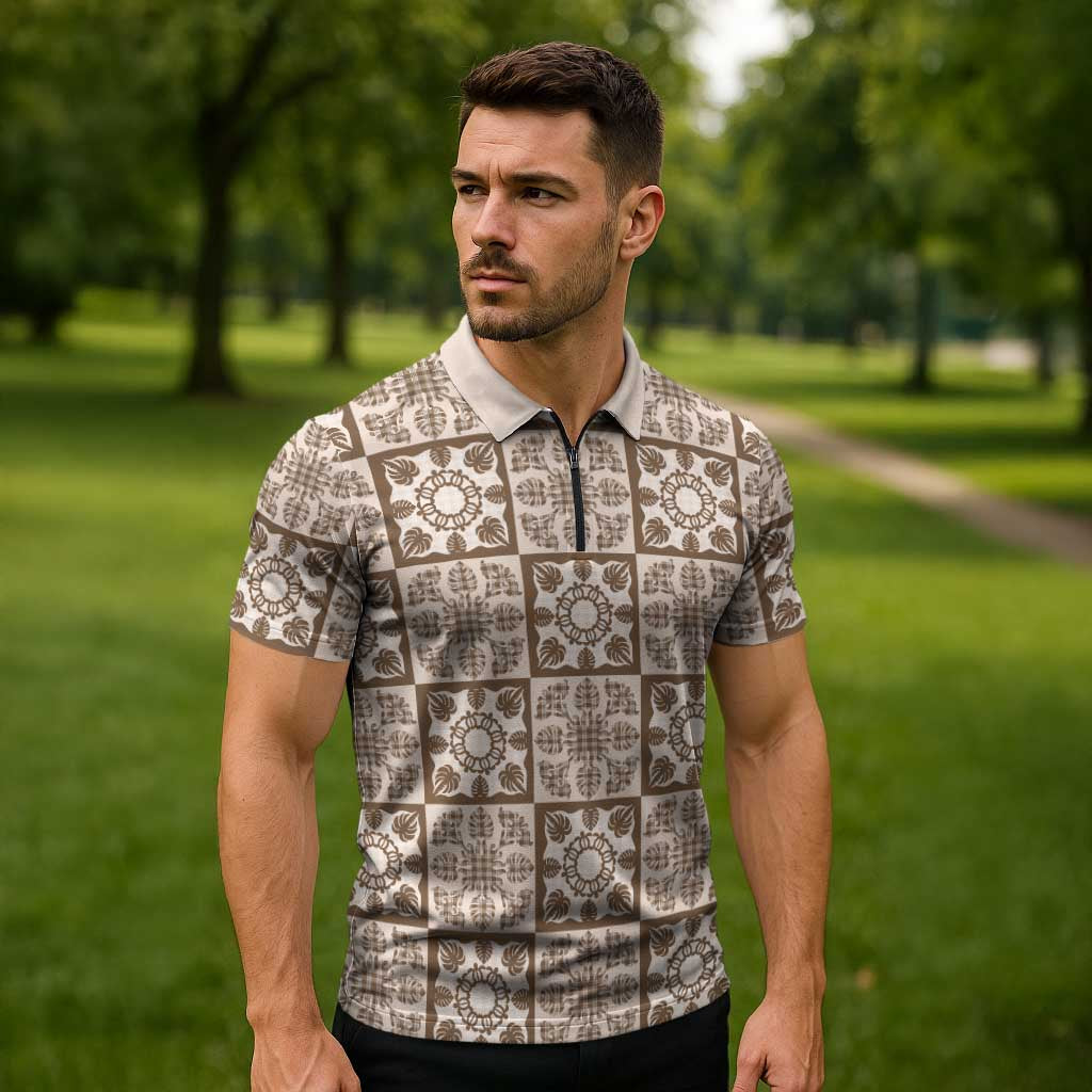 Beige Palaka Quilt Hawaii Zipper Polo Shirt Hawaiian Tropical Monstera Sea Turtle