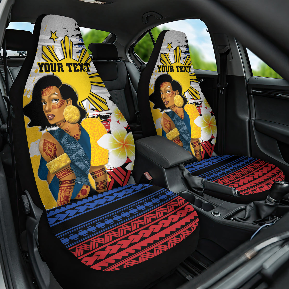 Personalised Philippines Women's Day Car Seat Cover Filipino Golden Sun With Polynesian Pattern LT14 One Size Red - Polynesian Pride