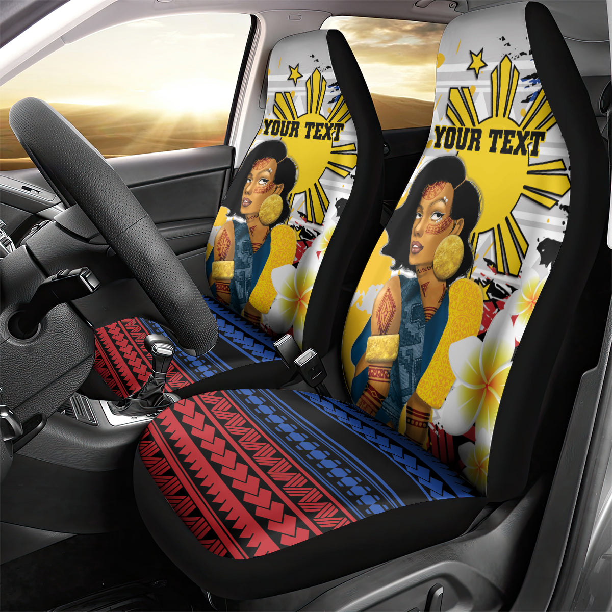 Personalised Philippines Women's Day Car Seat Cover Filipino Golden Sun With Polynesian Pattern LT14 - Polynesian Pride
