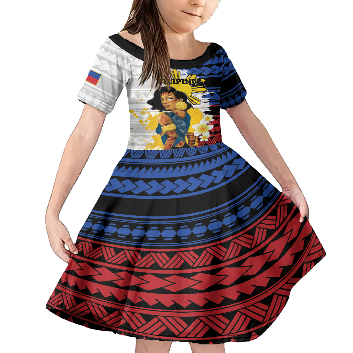 Personalised Philippines Women's Day Family Matching Mermaid Dress and Hawaiian Shirt Filipino Golden Sun With Polynesian Pattern LT14 Daughter's Dress Red - Polynesian Pride