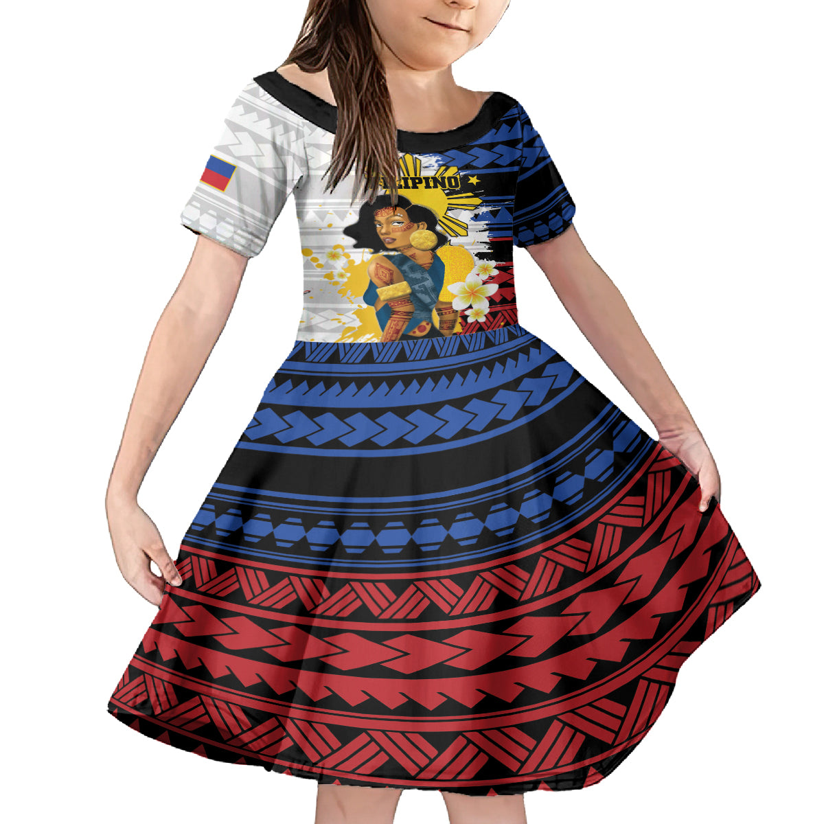 Personalised Philippines Women's Day Family Matching Off Shoulder Long Sleeve Dress and Hawaiian Shirt Filipino Golden Sun With Polynesian Pattern LT14 Daughter's Dress Red - Polynesian Pride