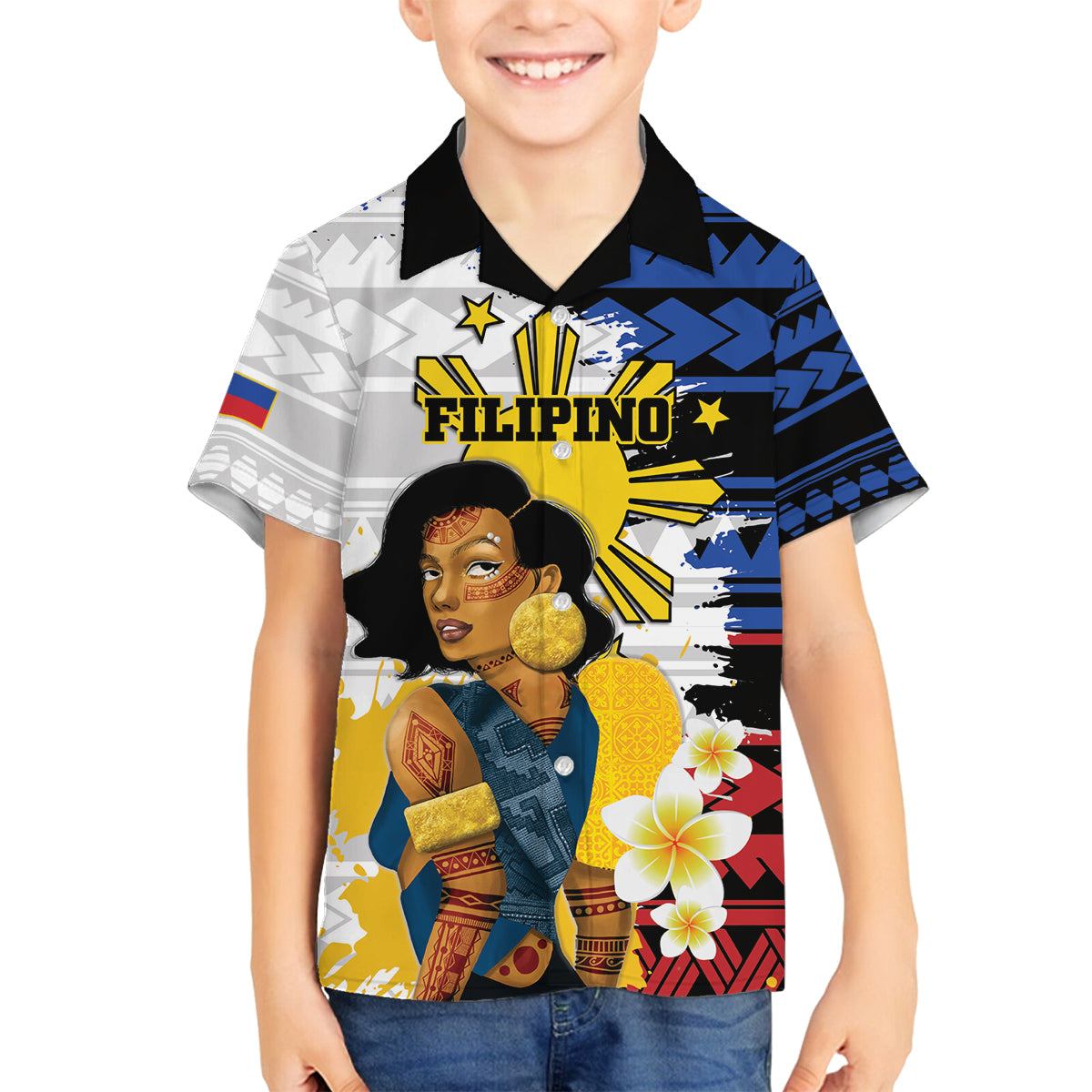 Personalised Philippines Women's Day Family Matching Off Shoulder Long Sleeve Dress and Hawaiian Shirt Filipino Golden Sun With Polynesian Pattern LT14 Son's Shirt Red - Polynesian Pride