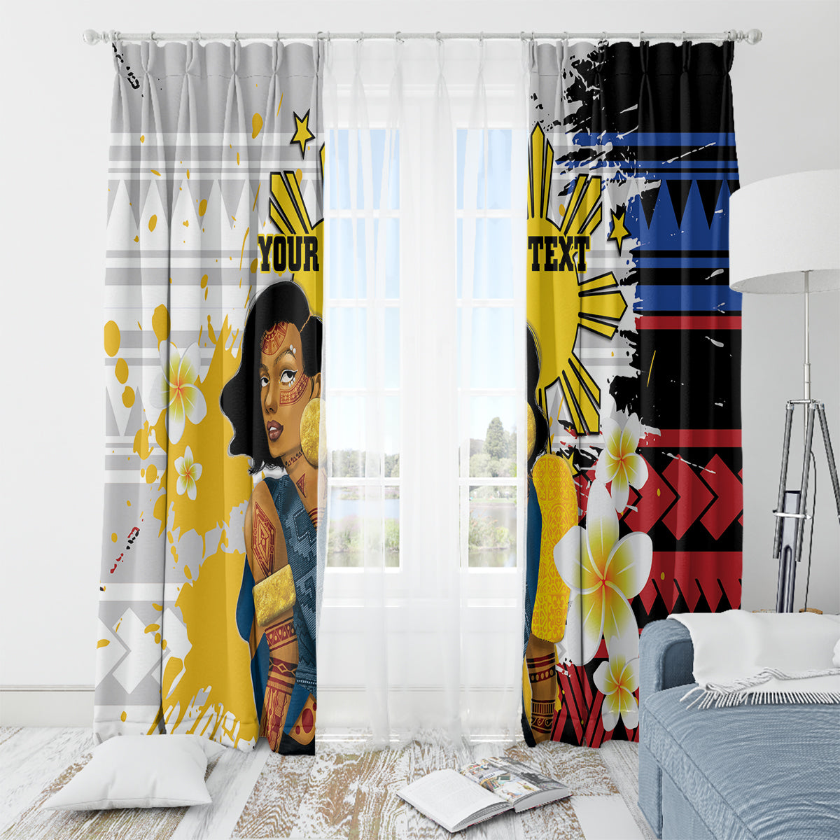Personalised Philippines Women's Day Window Curtain Filipino Golden Sun With Polynesian Pattern