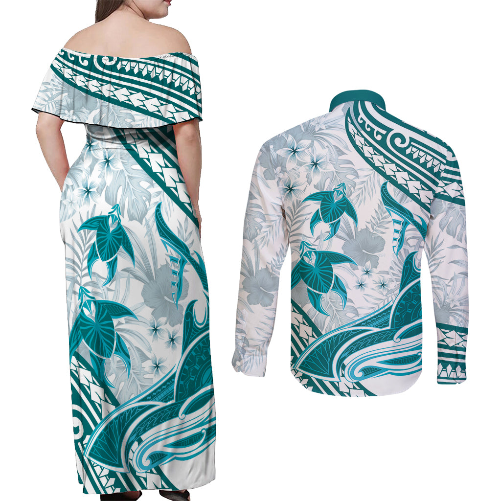 Cyan Polynesia Couples Matching Off Shoulder Maxi Dress and Long Sleeve Button Shirt Polynesian Turtle Shark Tattoo Tropical Vintage LT14 - Polynesian Pride