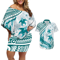 Cyan Polynesia Couples Matching Off Shoulder Short Dress and Hawaiian Shirt Polynesian Turtle Shark Tattoo Tropical Vintage LT14 Cyan - Polynesian Pride