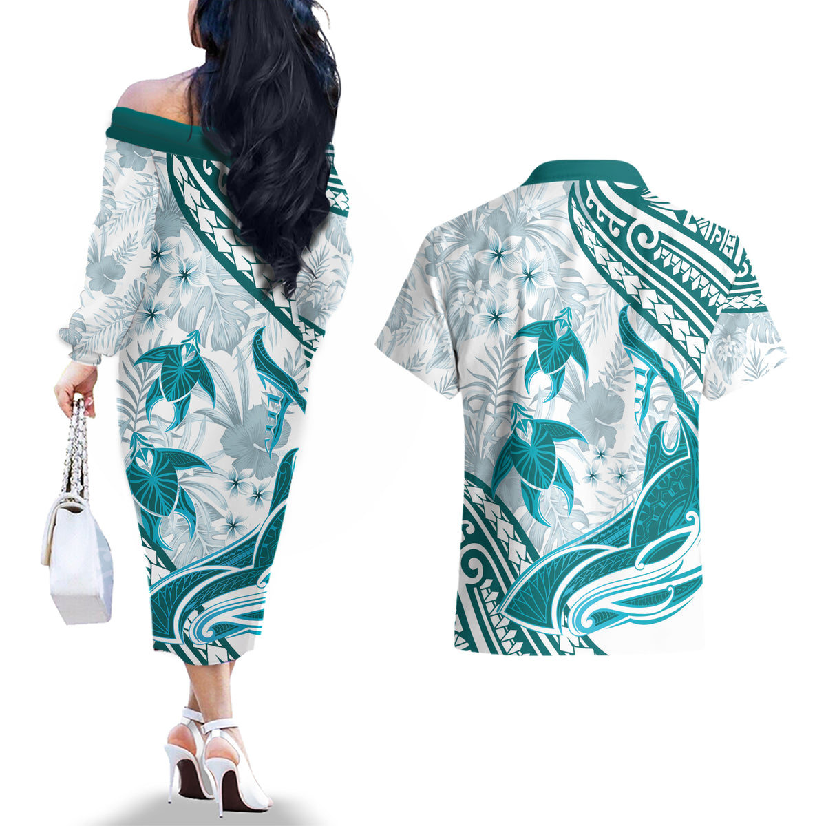 Cyan Polynesia Couples Matching Off The Shoulder Long Sleeve Dress and Hawaiian Shirt Polynesian Turtle Shark Tattoo Tropical Vintage LT14 - Polynesian Pride