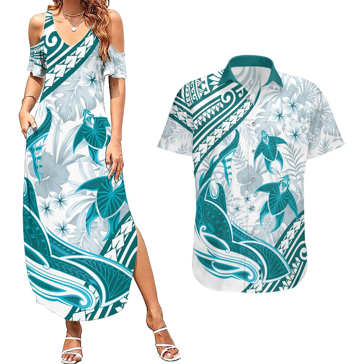 Cyan Polynesia Couples Matching Summer Maxi Dress and Hawaiian Shirt Polynesian Turtle Shark Tattoo Tropical Vintage LT14 Cyan - Polynesian Pride