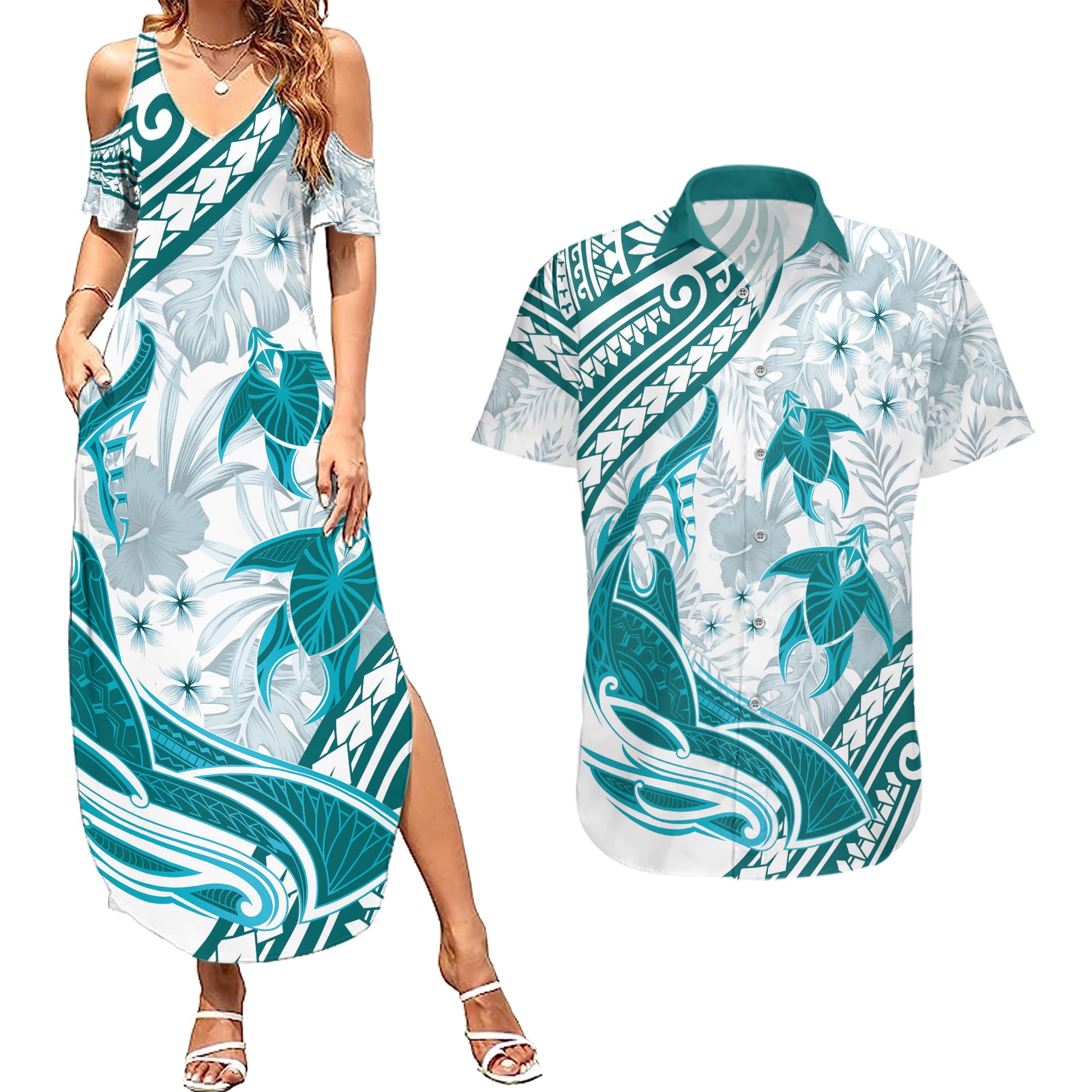 Cyan Polynesia Couples Matching Summer Maxi Dress and Hawaiian Shirt Polynesian Turtle Shark Tattoo Tropical Vintage LT14 Cyan - Polynesian Pride