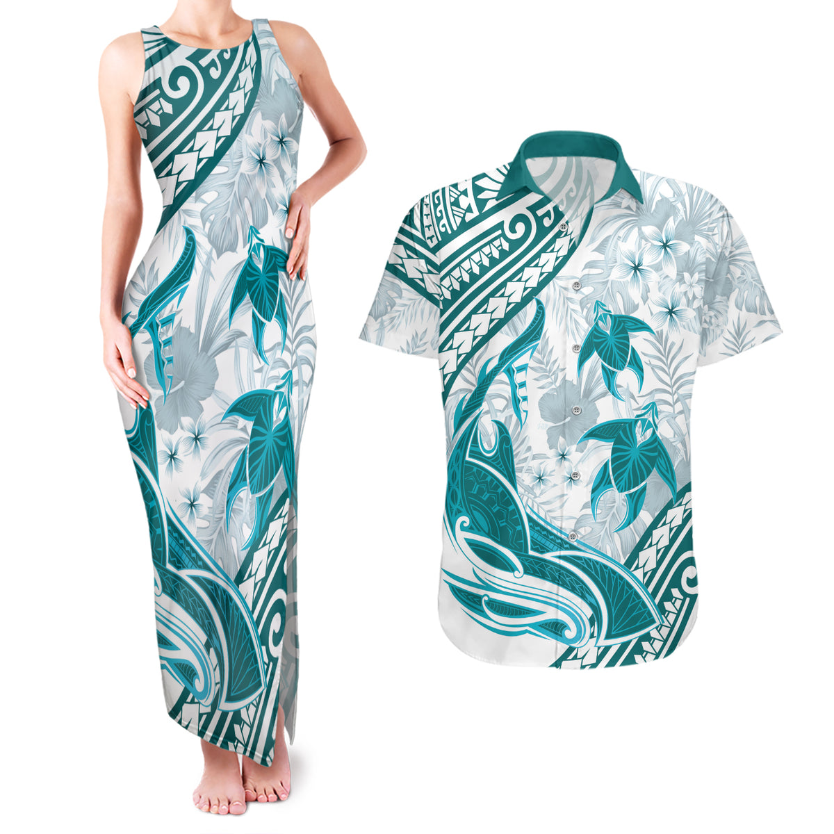 Cyan Polynesia Couples Matching Tank Maxi Dress and Hawaiian Shirt Polynesian Turtle Shark Tattoo Tropical Vintage LT14 Cyan - Polynesian Pride