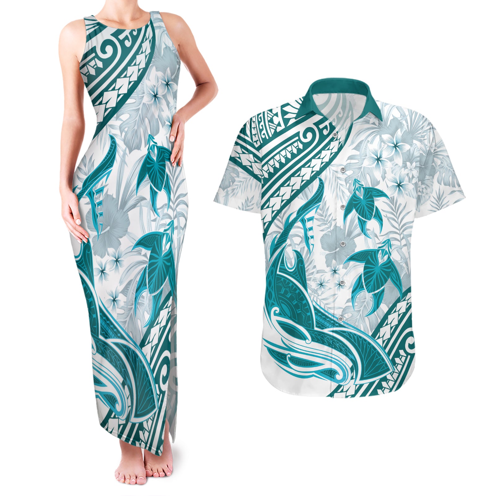Cyan Polynesia Couples Matching Tank Maxi Dress and Hawaiian Shirt Polynesian Turtle Shark Tattoo Tropical Vintage LT14 Cyan - Polynesian Pride