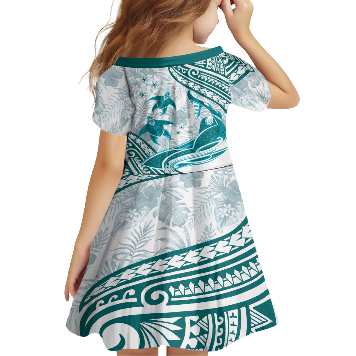 Cyan Polynesia Family Matching Long Sleeve Bodycon Dress and Hawaiian Shirt Polynesian Turtle Shark Tattoo Tropical Vintage LT14 - Polynesian Pride