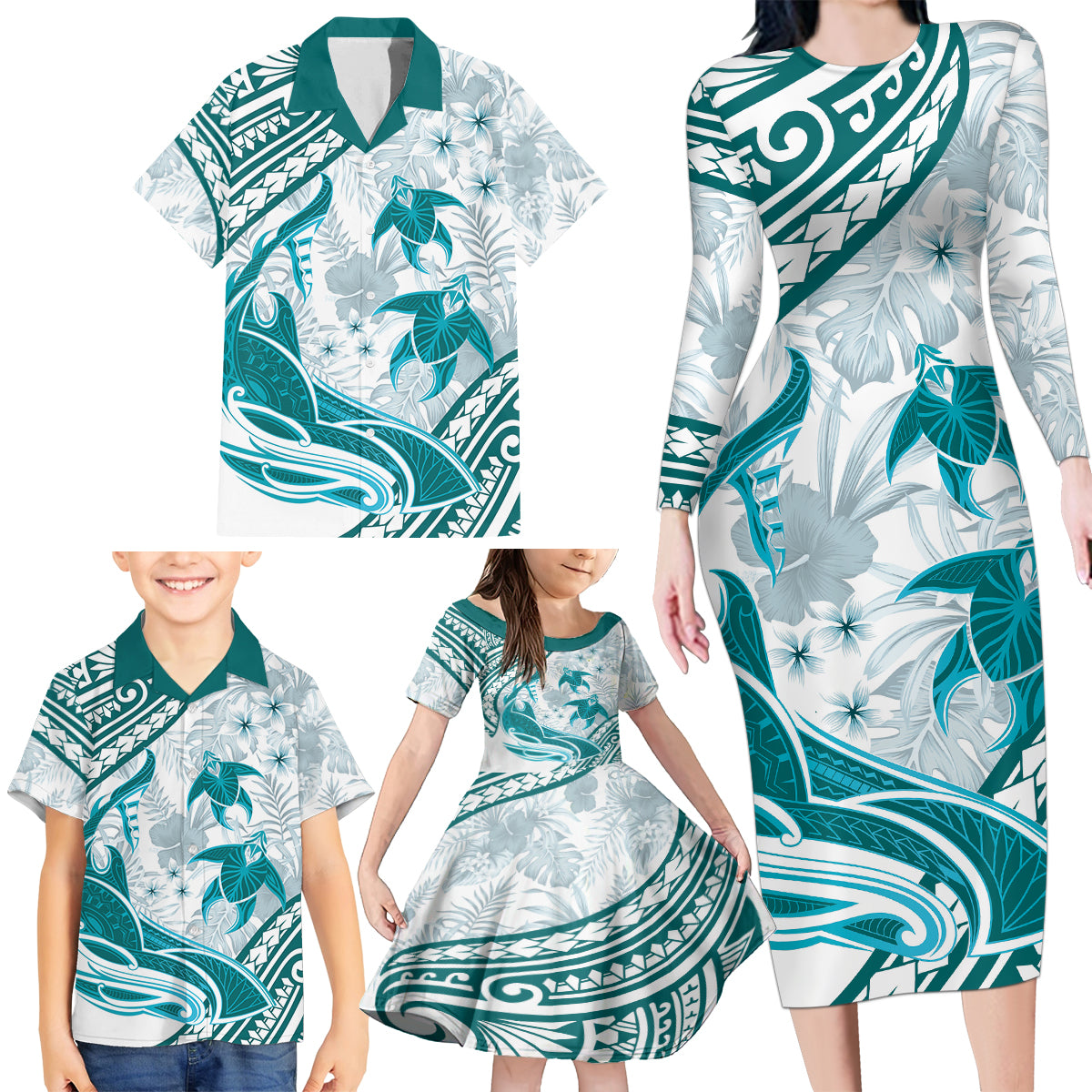 Cyan Polynesia Family Matching Long Sleeve Bodycon Dress and Hawaiian Shirt Polynesian Turtle Shark Tattoo Tropical Vintage LT14 - Polynesian Pride
