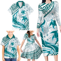 Cyan Polynesia Family Matching Long Sleeve Bodycon Dress and Hawaiian Shirt Polynesian Turtle Shark Tattoo Tropical Vintage LT14 - Polynesian Pride