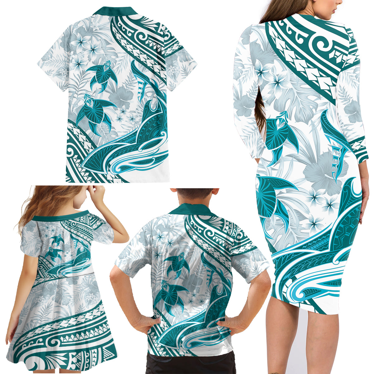 Cyan Polynesia Family Matching Long Sleeve Bodycon Dress and Hawaiian Shirt Polynesian Turtle Shark Tattoo Tropical Vintage LT14 - Polynesian Pride