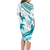 Cyan Polynesia Family Matching Long Sleeve Bodycon Dress and Hawaiian Shirt Polynesian Turtle Shark Tattoo Tropical Vintage LT14 - Polynesian Pride