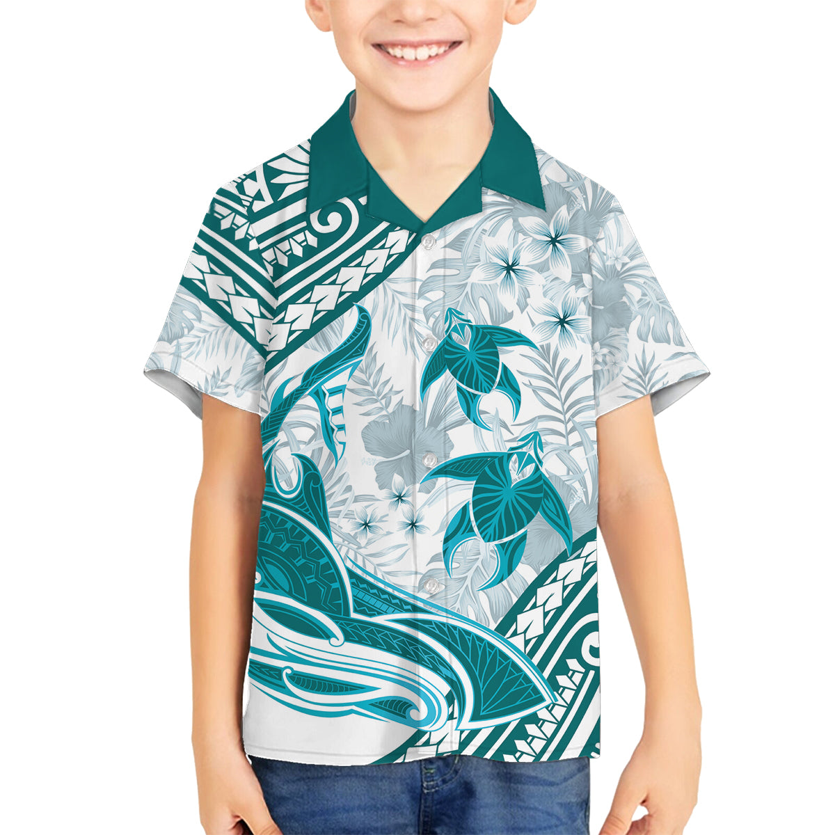 Cyan Polynesia Family Matching Long Sleeve Bodycon Dress and Hawaiian Shirt Polynesian Turtle Shark Tattoo Tropical Vintage LT14 Son's Shirt Cyan - Polynesian Pride
