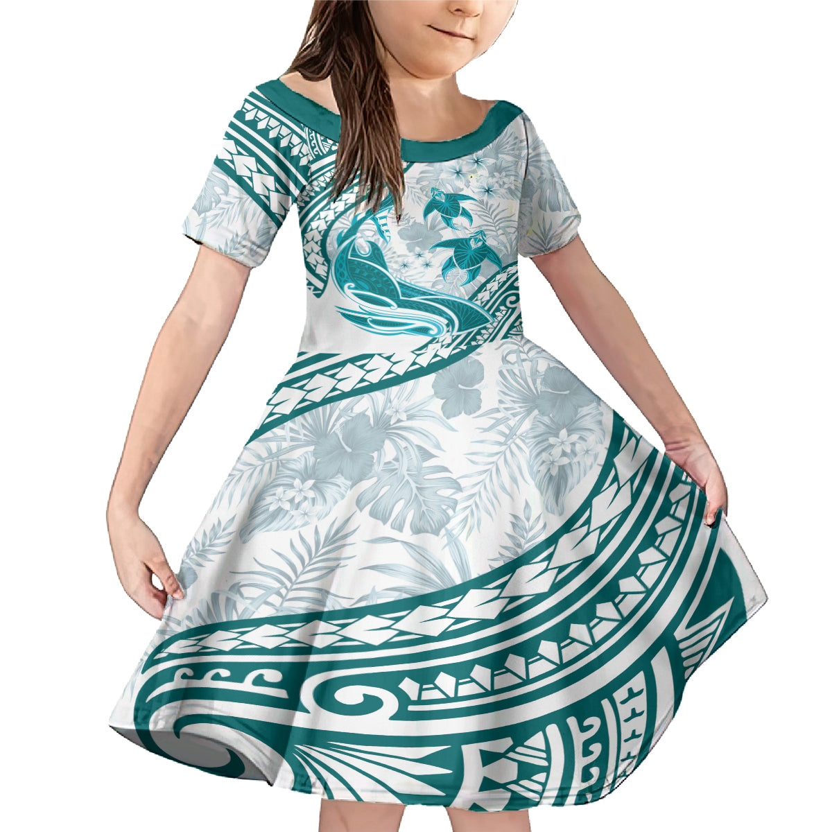 Cyan Polynesia Family Matching Mermaid Dress and Hawaiian Shirt Polynesian Turtle Shark Tattoo Tropical Vintage LT14 Daughter's Dress Cyan - Polynesian Pride