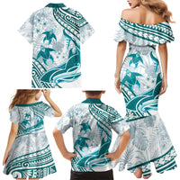 Cyan Polynesia Family Matching Mermaid Dress and Hawaiian Shirt Polynesian Turtle Shark Tattoo Tropical Vintage LT14 - Polynesian Pride