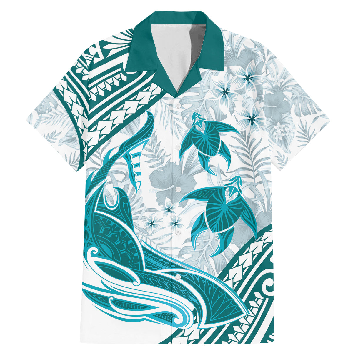 Cyan Polynesia Family Matching Mermaid Dress and Hawaiian Shirt Polynesian Turtle Shark Tattoo Tropical Vintage LT14 Dad's Shirt - Short Sleeve Cyan - Polynesian Pride