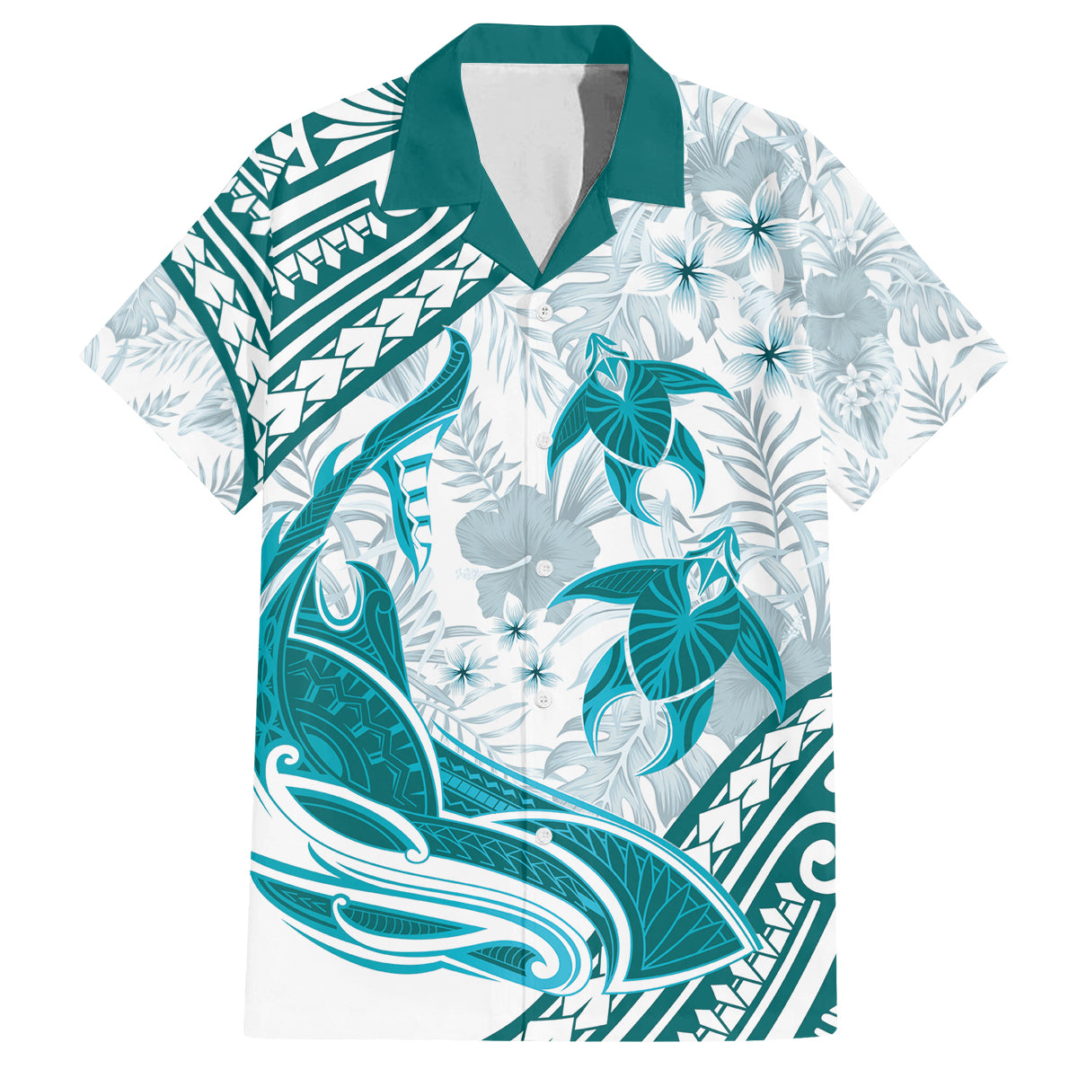 Cyan Polynesia Family Matching Off Shoulder Long Sleeve Dress and Hawaiian Shirt Polynesian Turtle Shark Tattoo Tropical Vintage LT14 Dad's Shirt - Short Sleeve Cyan - Polynesian Pride