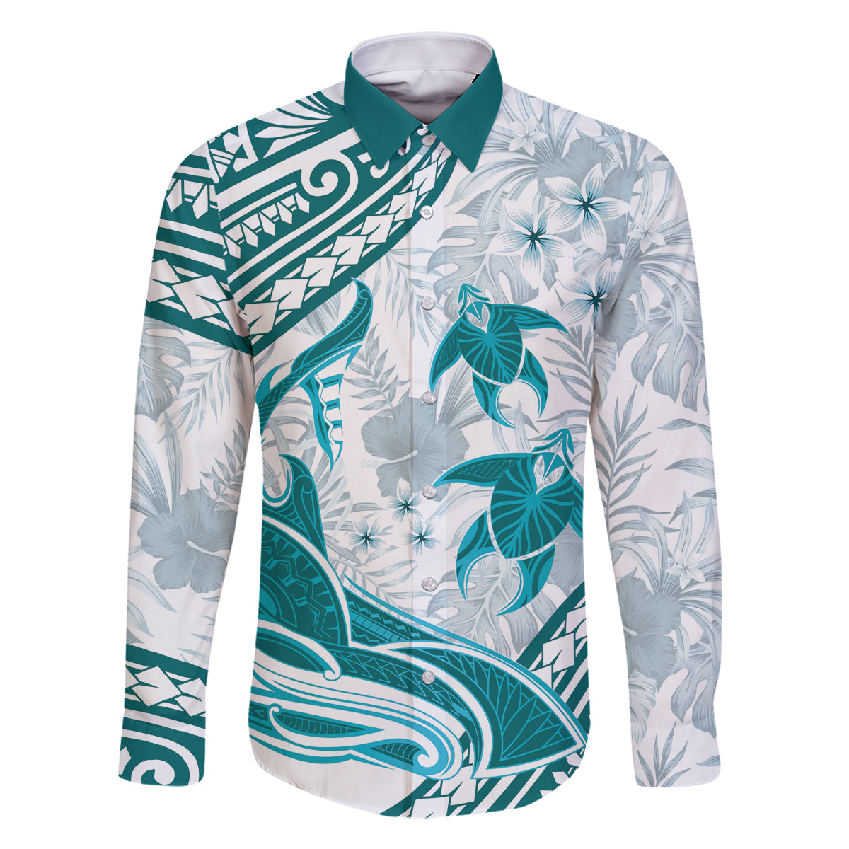 Cyan Polynesia Family Matching Off Shoulder Long Sleeve Dress and Hawaiian Shirt Polynesian Turtle Shark Tattoo Tropical Vintage LT14 Dad's Shirt - Long Sleeve Cyan - Polynesian Pride