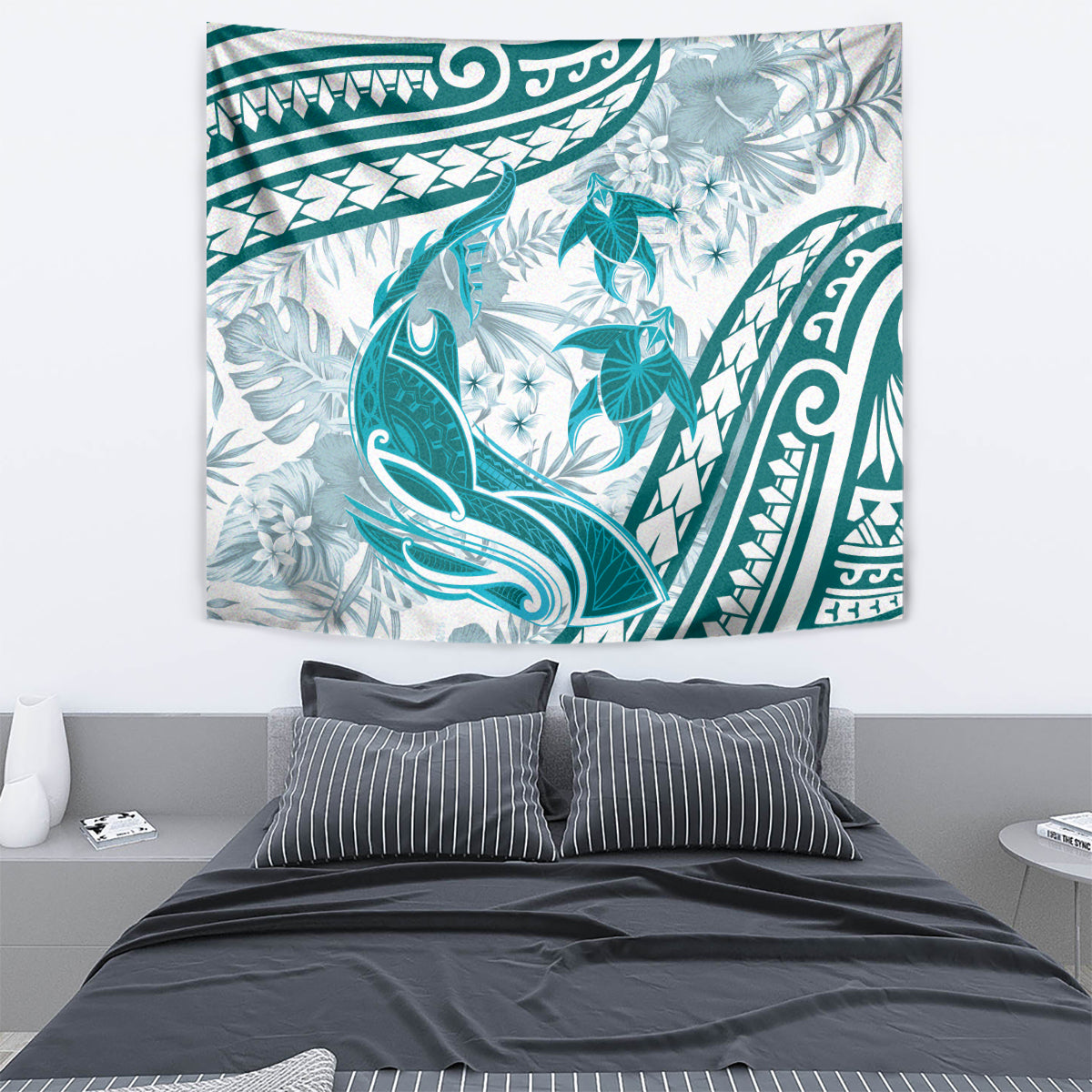 Cyan Polynesia Tapestry Polynesian Turtle Shark Tattoo Tropical Vintage