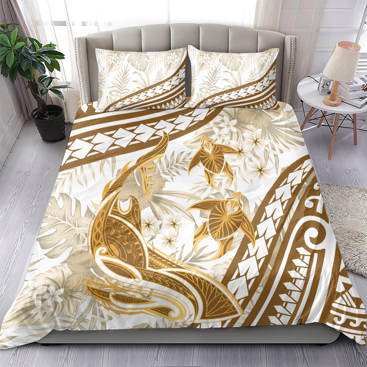 Gold Polynesia Bedding Set Polynesian Turtle Shark Tattoo Tropical Vintage