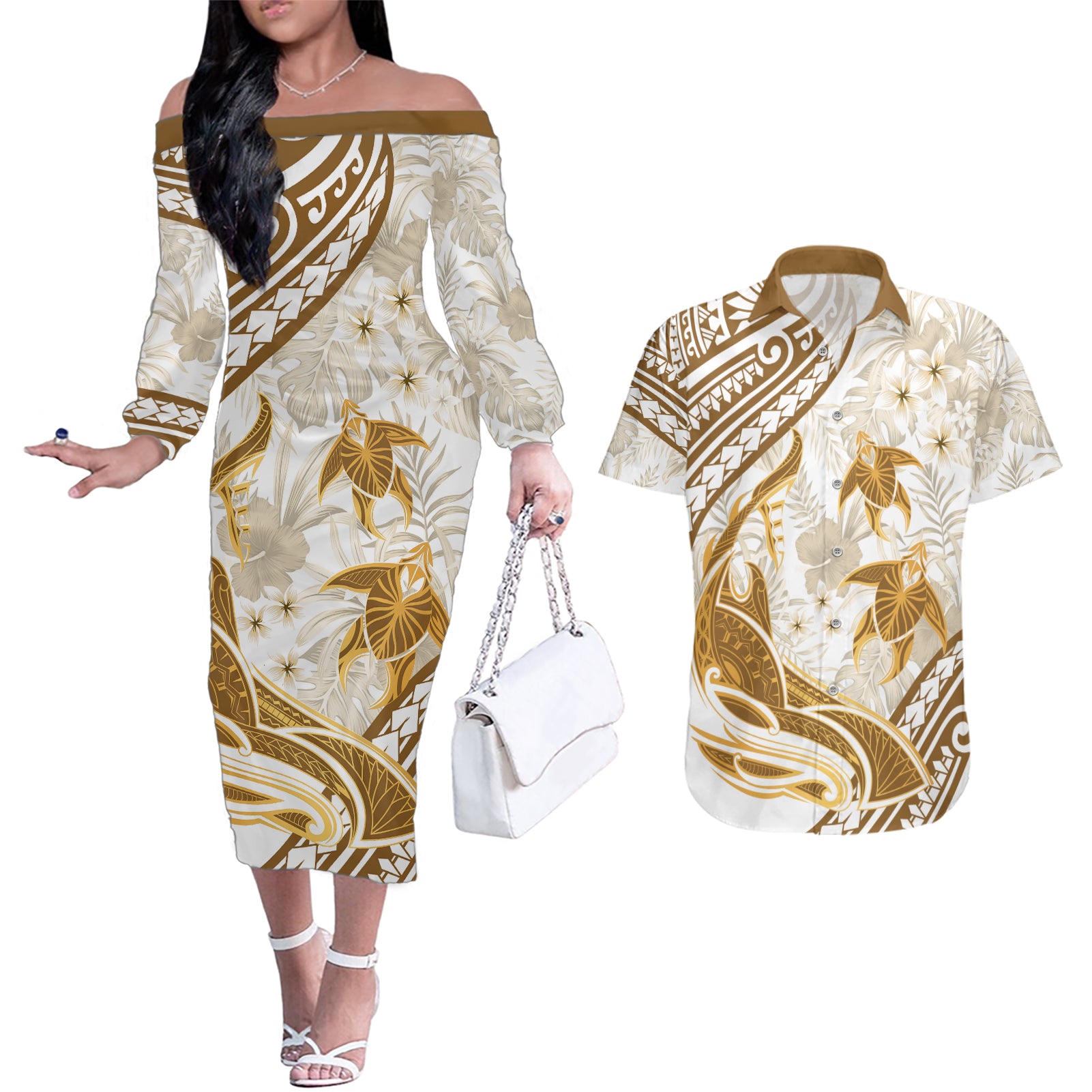 Gold Polynesia Couples Matching Off The Shoulder Long Sleeve Dress and Hawaiian Shirt Polynesian Turtle Shark Tattoo Tropical Vintage LT14 Gold - Polynesian Pride