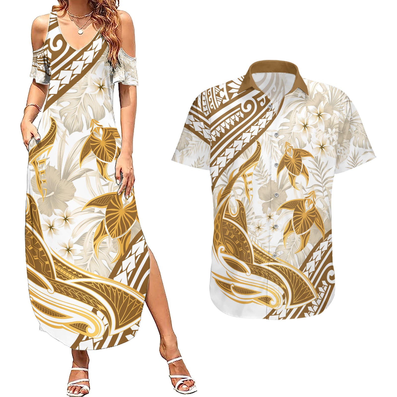 Gold Polynesia Couples Matching Summer Maxi Dress and Hawaiian Shirt Polynesian Turtle Shark Tattoo Tropical Vintage LT14 Gold - Polynesian Pride