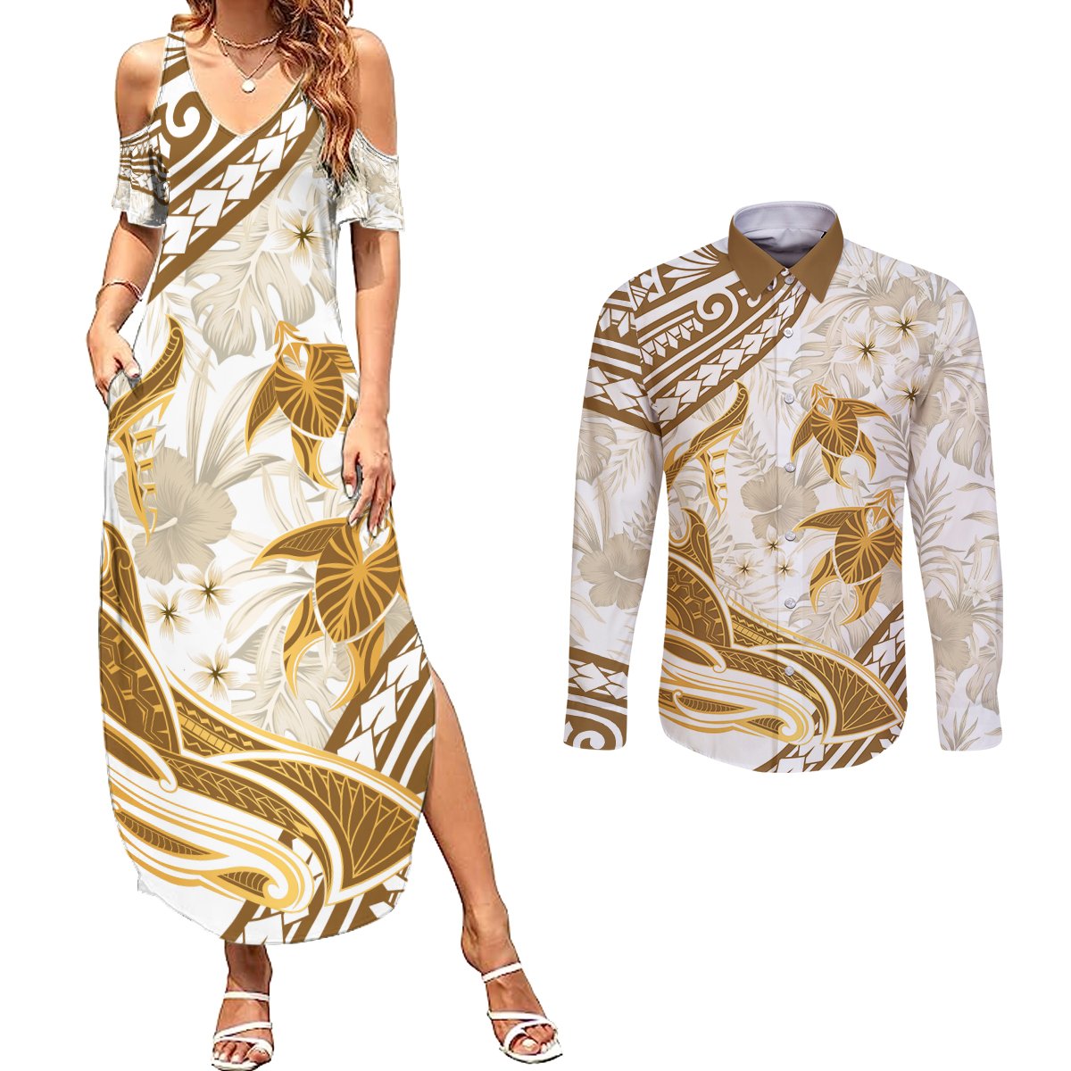 Gold Polynesia Couples Matching Summer Maxi Dress and Long Sleeve Button Shirt Polynesian Turtle Shark Tattoo Tropical Vintage LT14 Gold - Polynesian Pride