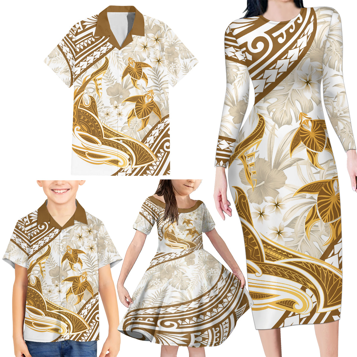 Gold Polynesia Family Matching Long Sleeve Bodycon Dress and Hawaiian Shirt Polynesian Turtle Shark Tattoo Tropical Vintage LT14 - Polynesian Pride
