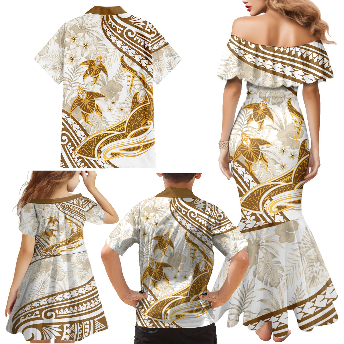 Gold Polynesia Family Matching Mermaid Dress and Hawaiian Shirt Polynesian Turtle Shark Tattoo Tropical Vintage LT14 - Polynesian Pride