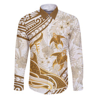 Gold Polynesia Family Matching Off Shoulder Long Sleeve Dress and Hawaiian Shirt Polynesian Turtle Shark Tattoo Tropical Vintage LT14 Dad's Shirt - Long Sleeve Gold - Polynesian Pride