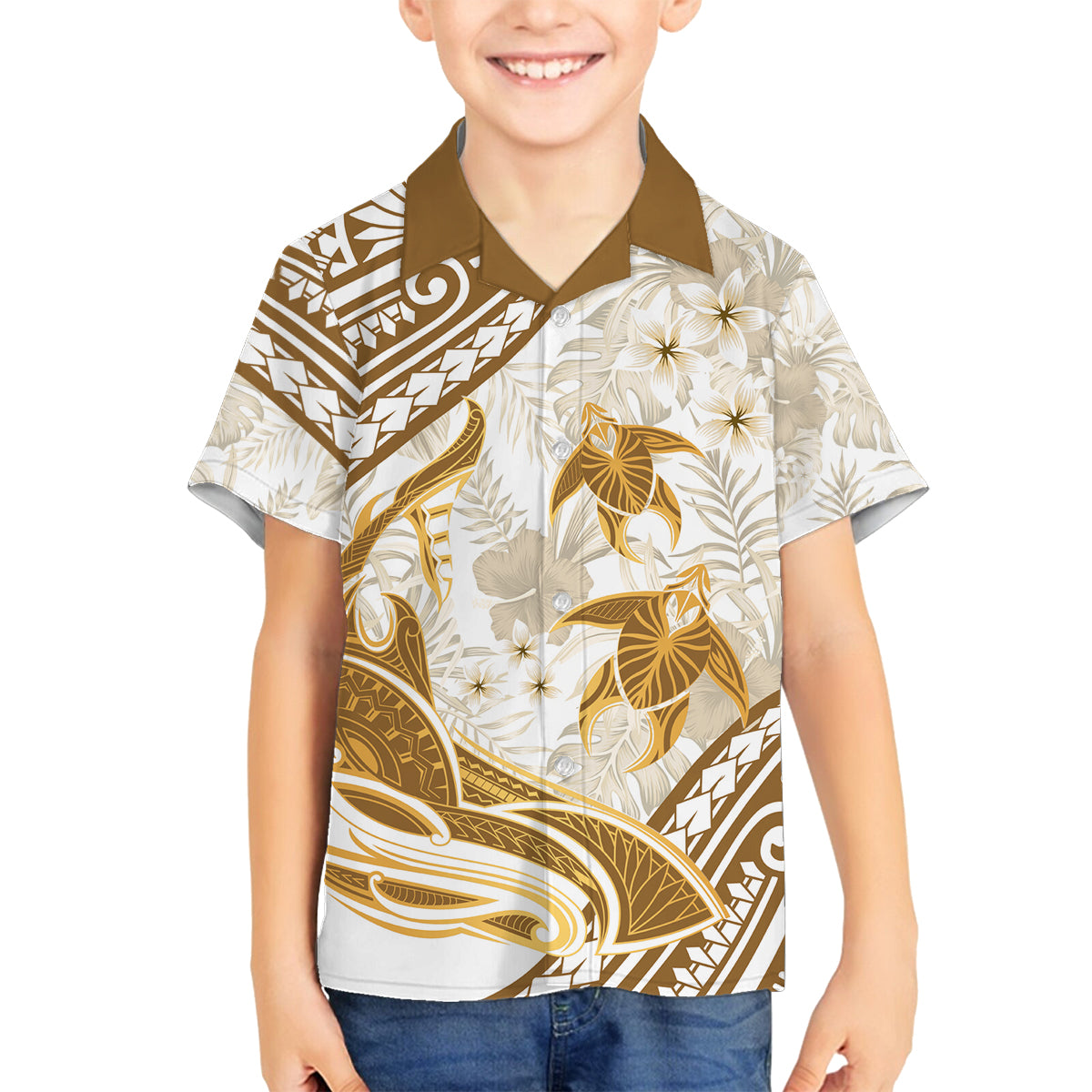 Gold Polynesia Family Matching Off Shoulder Maxi Dress and Hawaiian Shirt Polynesian Turtle Shark Tattoo Tropical Vintage LT14 Son's Shirt Gold - Polynesian Pride