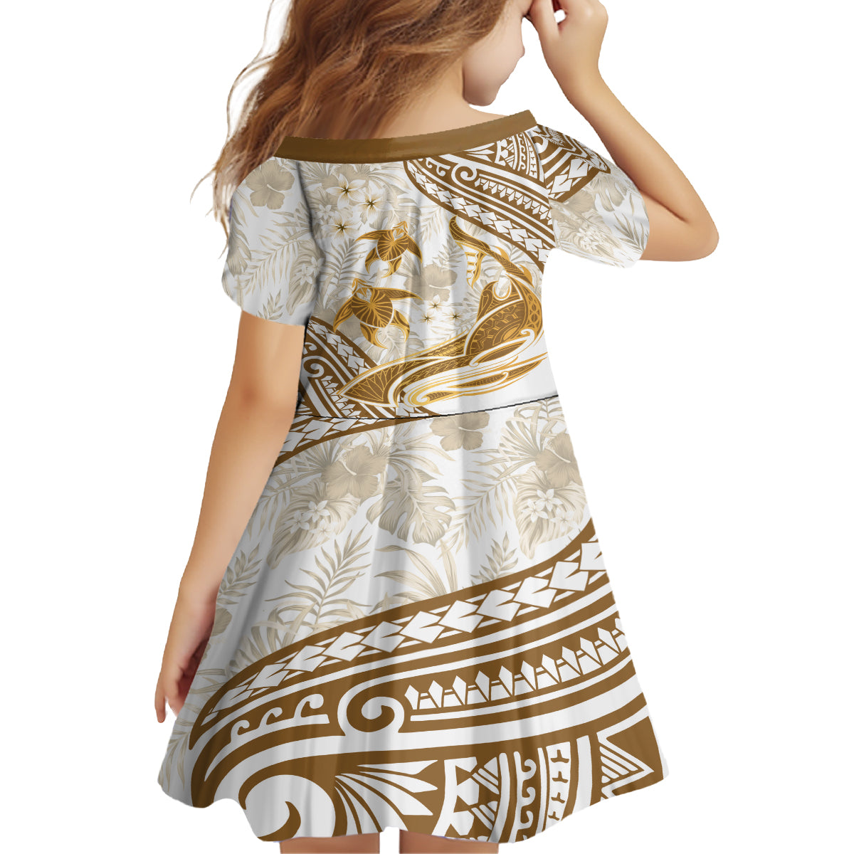 Gold Polynesia Kid Short Sleeve Dress Polynesian Turtle Shark Tattoo Tropical Vintage LT14 - Polynesian Pride