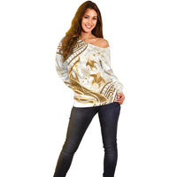 Gold Polynesia Off Shoulder Sweater Polynesian Turtle Shark Tattoo Tropical Vintage LT14 - Polynesian Pride