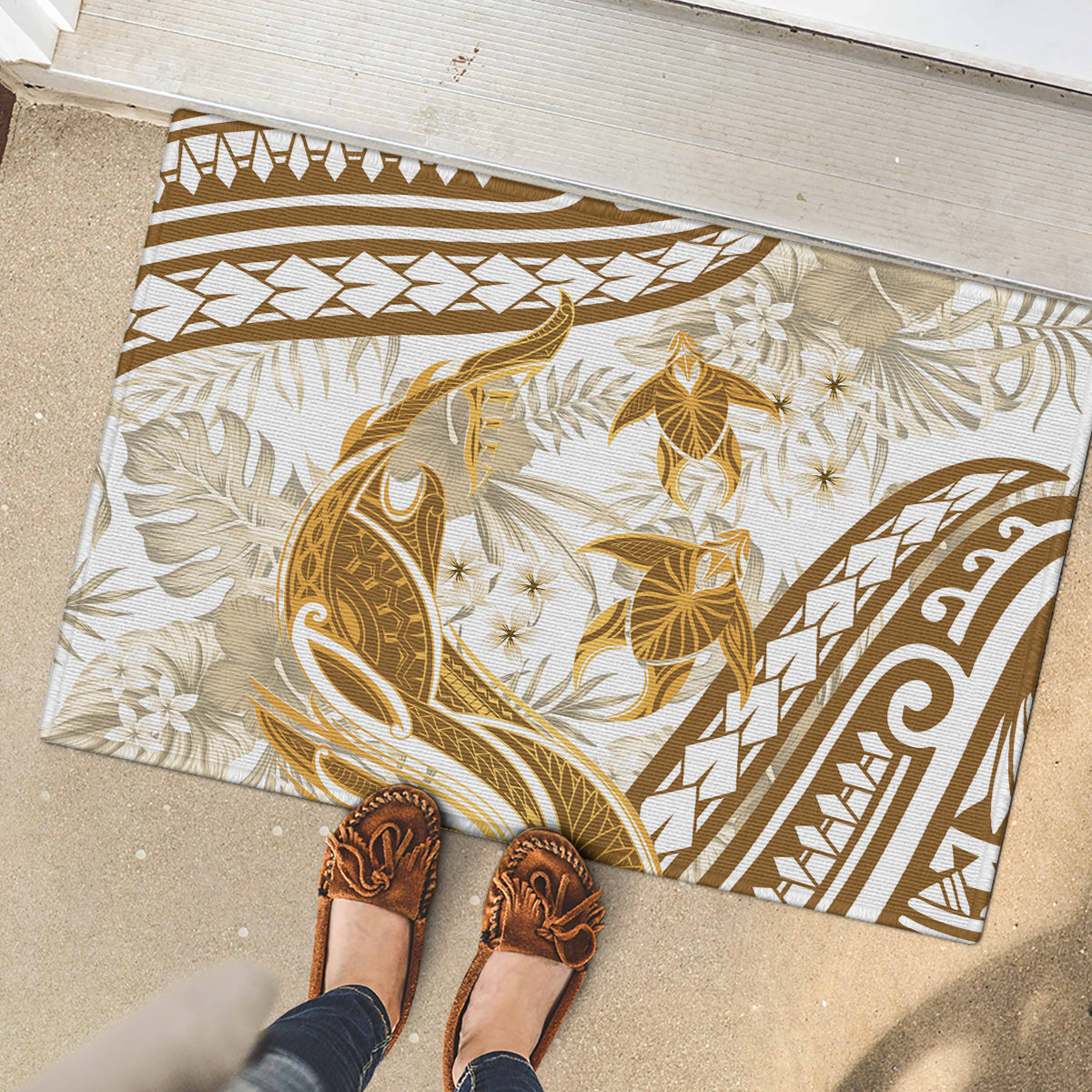 Gold Polynesia Rubber Doormat Polynesian Turtle Shark Tattoo Tropical Vintage