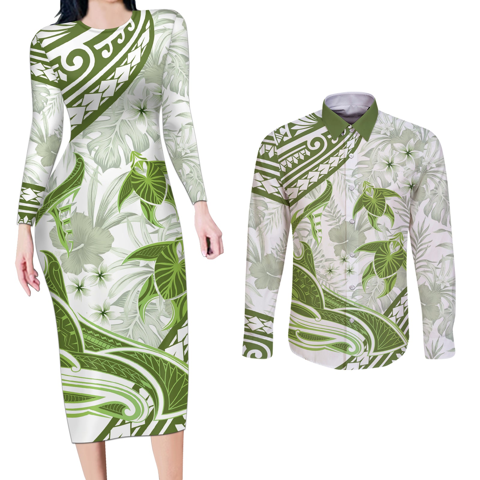 Lime Green Polynesia Couples Matching Long Sleeve Bodycon Dress and Long Sleeve Button Shirt Polynesian Turtle Shark Tattoo Tropical Vintage LT14 Lime Green - Polynesian Pride