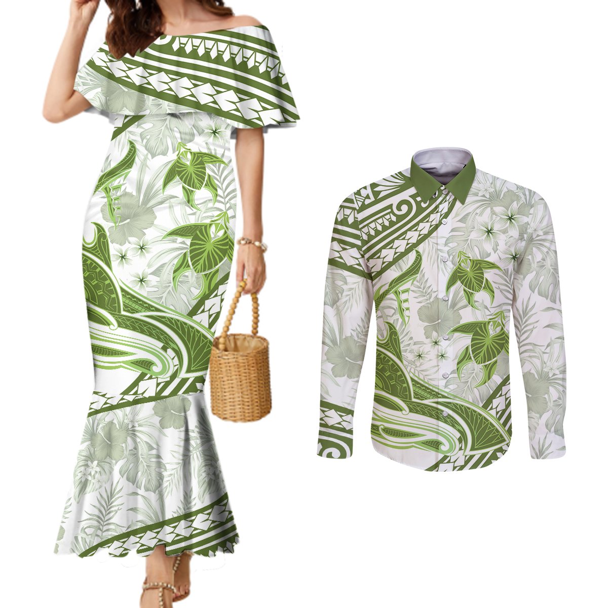 Lime Green Polynesia Couples Matching Mermaid Dress and Long Sleeve Button Shirt Polynesian Turtle Shark Tattoo Tropical Vintage LT14 Lime Green - Polynesian Pride
