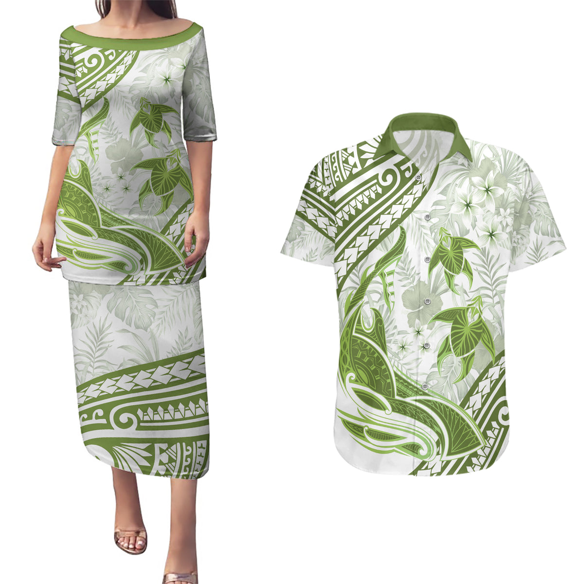 Lime Green Polynesia Couples Matching Puletasi and Hawaiian Shirt Polynesian Turtle Shark Tattoo Tropical Vintage LT14 Lime Green - Polynesian Pride