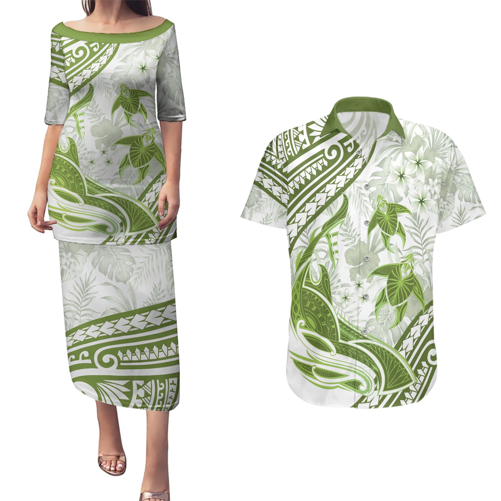 Lime Green Polynesia Couples Matching Puletasi and Hawaiian Shirt Polynesian Turtle Shark Tattoo Tropical Vintage LT14 Lime Green - Polynesian Pride