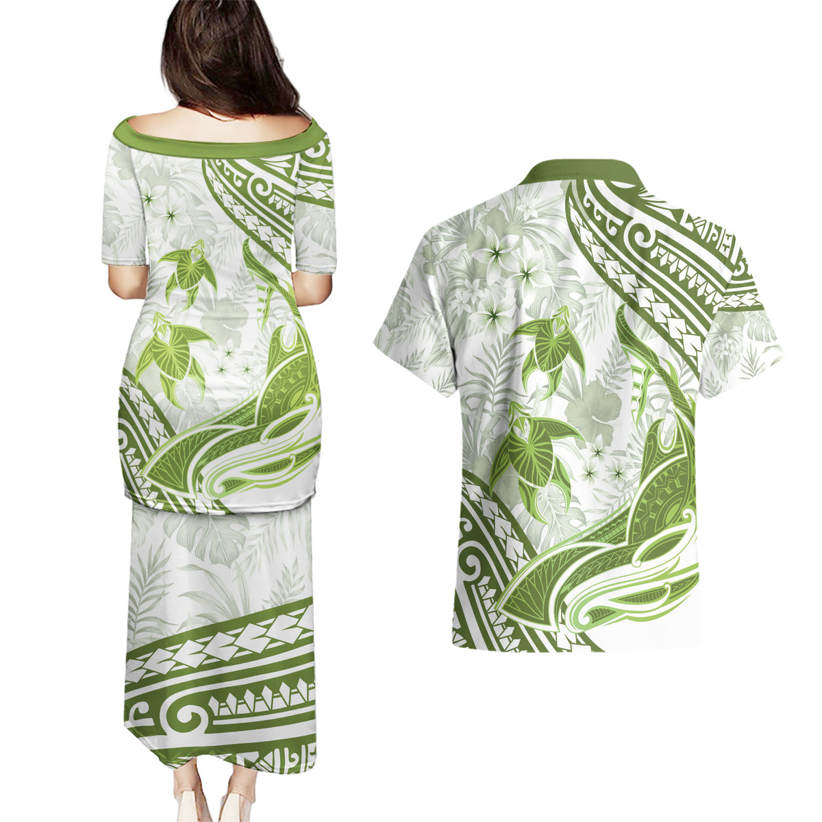 Lime Green Polynesia Couples Matching Puletasi and Hawaiian Shirt Polynesian Turtle Shark Tattoo Tropical Vintage LT14 - Polynesian Pride