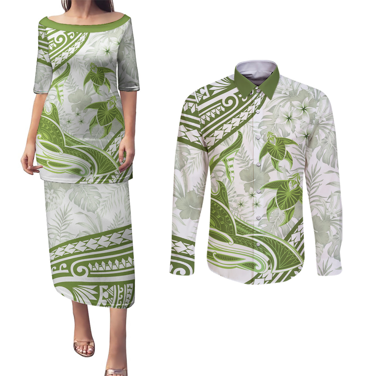 Lime Green Polynesia Couples Matching Puletasi and Long Sleeve Button Shirt Polynesian Turtle Shark Tattoo Tropical Vintage LT14 Lime Green - Polynesian Pride