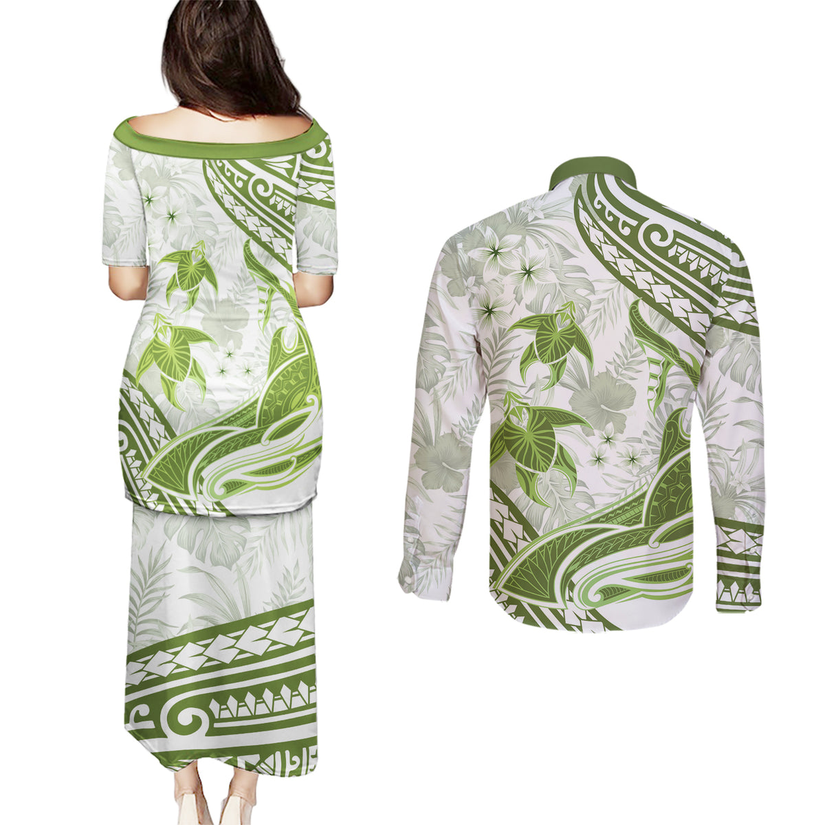 Lime Green Polynesia Couples Matching Puletasi and Long Sleeve Button Shirt Polynesian Turtle Shark Tattoo Tropical Vintage LT14 - Polynesian Pride