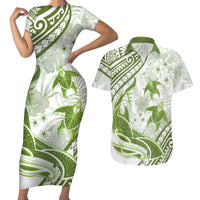 Lime Green Polynesia Couples Matching Short Sleeve Bodycon Dress and Hawaiian Shirt Polynesian Turtle Shark Tattoo Tropical Vintage LT14 Lime Green - Polynesian Pride