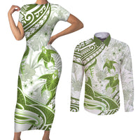 Lime Green Polynesia Couples Matching Short Sleeve Bodycon Dress and Long Sleeve Button Shirt Polynesian Turtle Shark Tattoo Tropical Vintage LT14 Lime Green - Polynesian Pride
